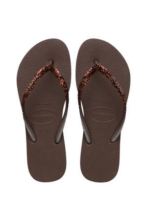 Slim Glitter II teenslippers met glitters donkerbruin