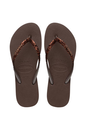 Slim Glitter II teenslippers met glitters donkerbruin