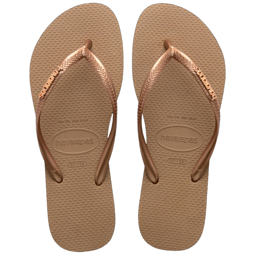 Roségouden dames Havaianas Slim Logo Metallic teenslippers goud van rubber