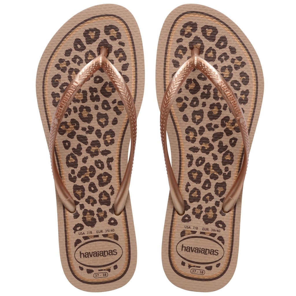 Roze dames Havaianas Slim Animals teenslippers van rubber met panterprint