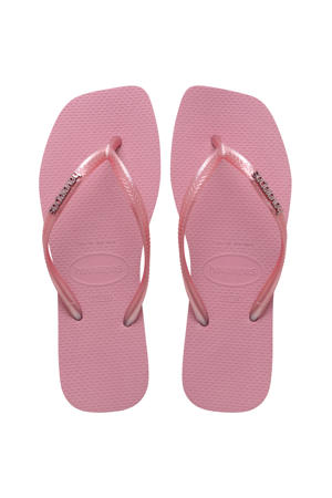 Slim Square metallic teenslippers met logo roze