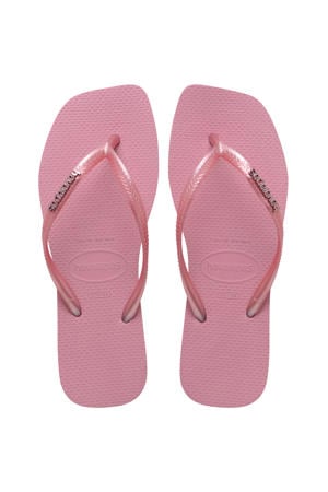 Slim Square metallic teenslippers met logo roze