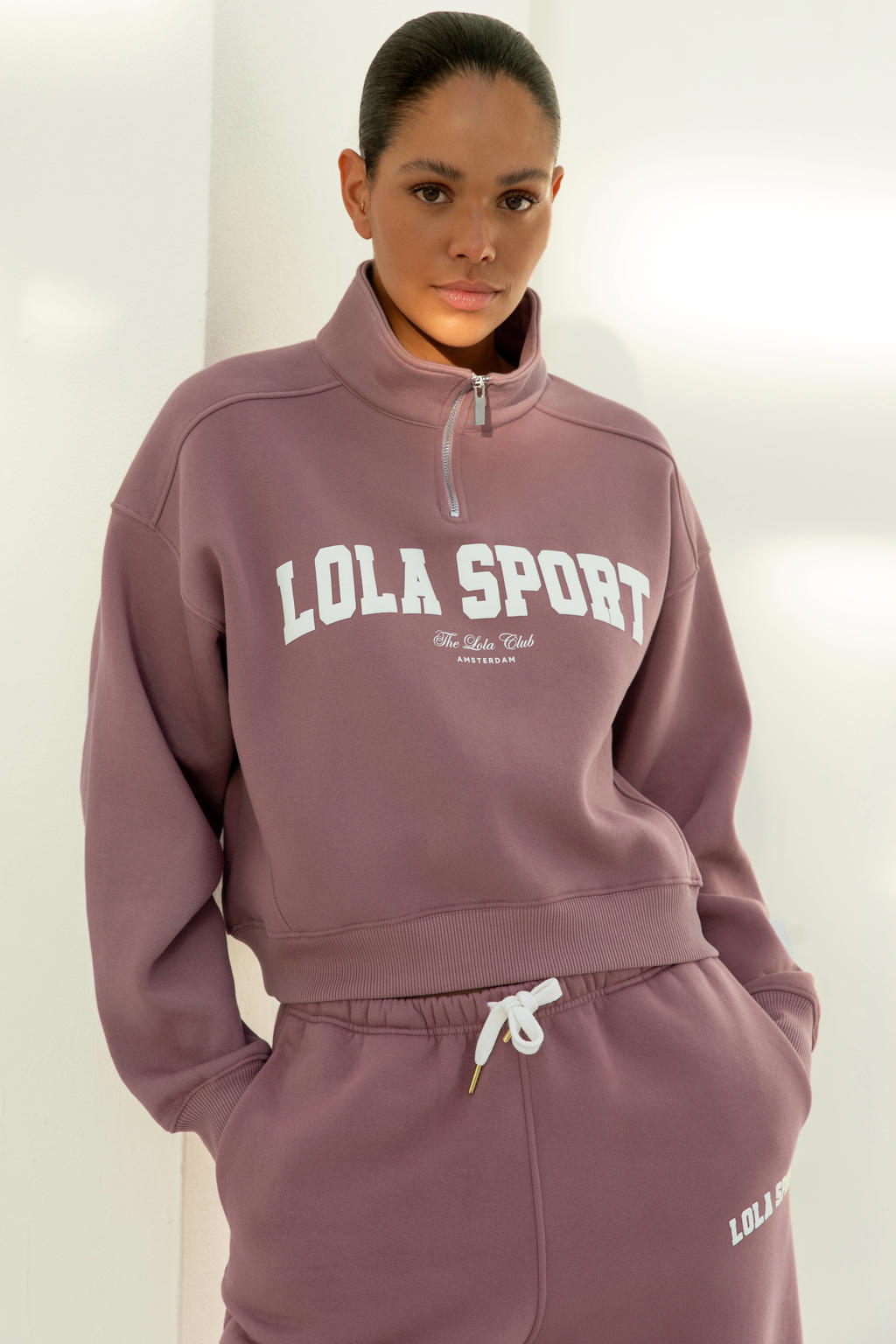 Oudroze dames The Lola Club sweater Jayla Half Zip van katoen met effen, lange mouwen en opstaande kraag