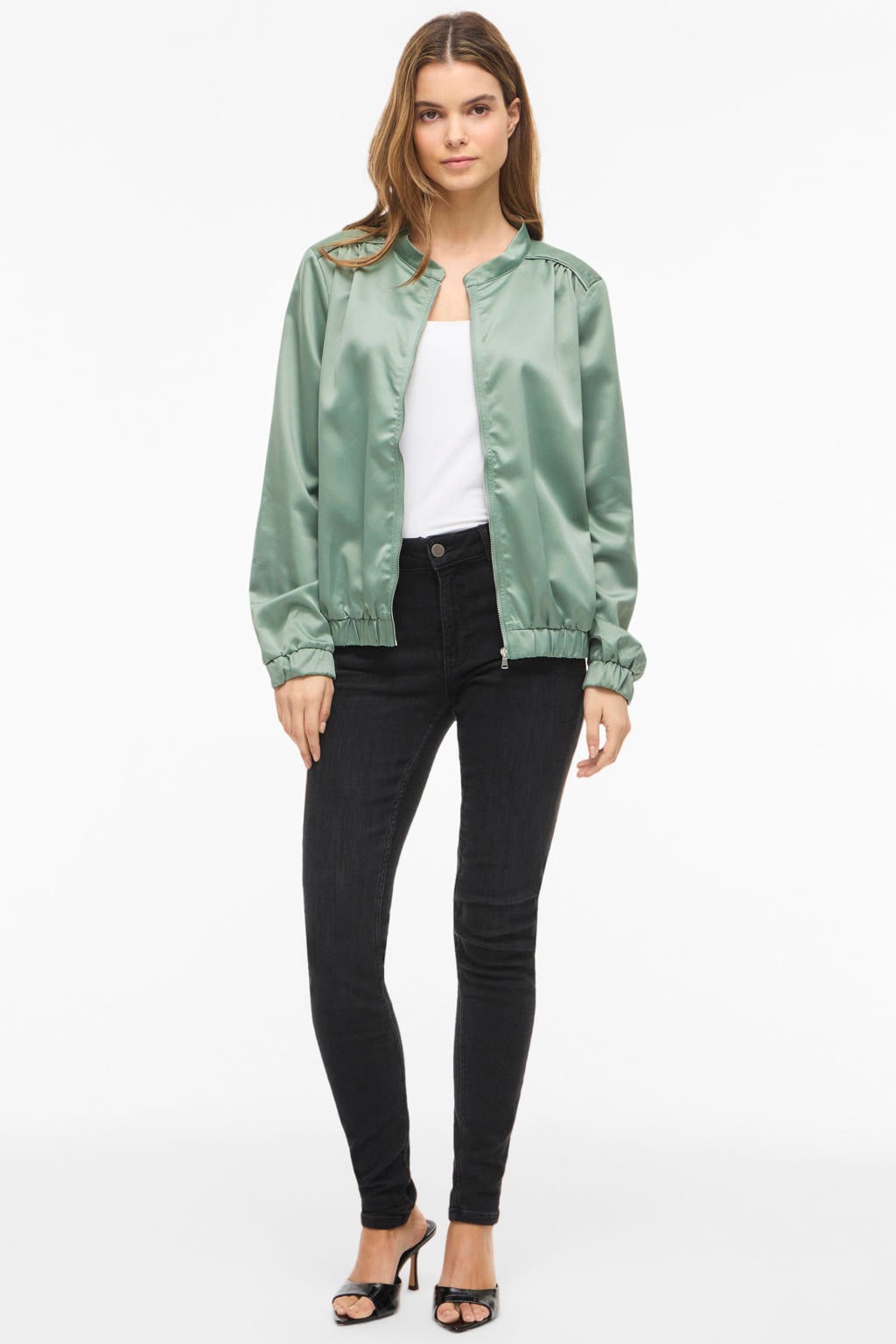 Groene dames VILA bomberjack van polyester met effen, korte mouwen en widespread hals