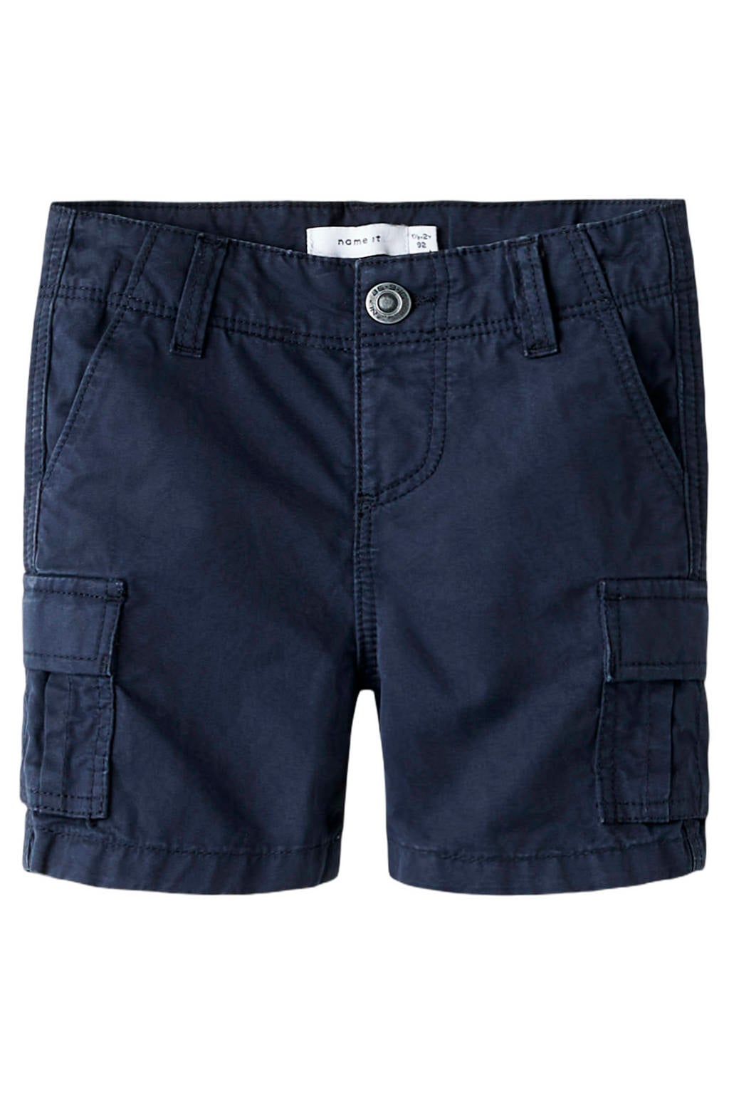 Donkerblauwe jongens NAME IT MINI straight cargo short van katoen met rits- en drukknoopsluiting en effen