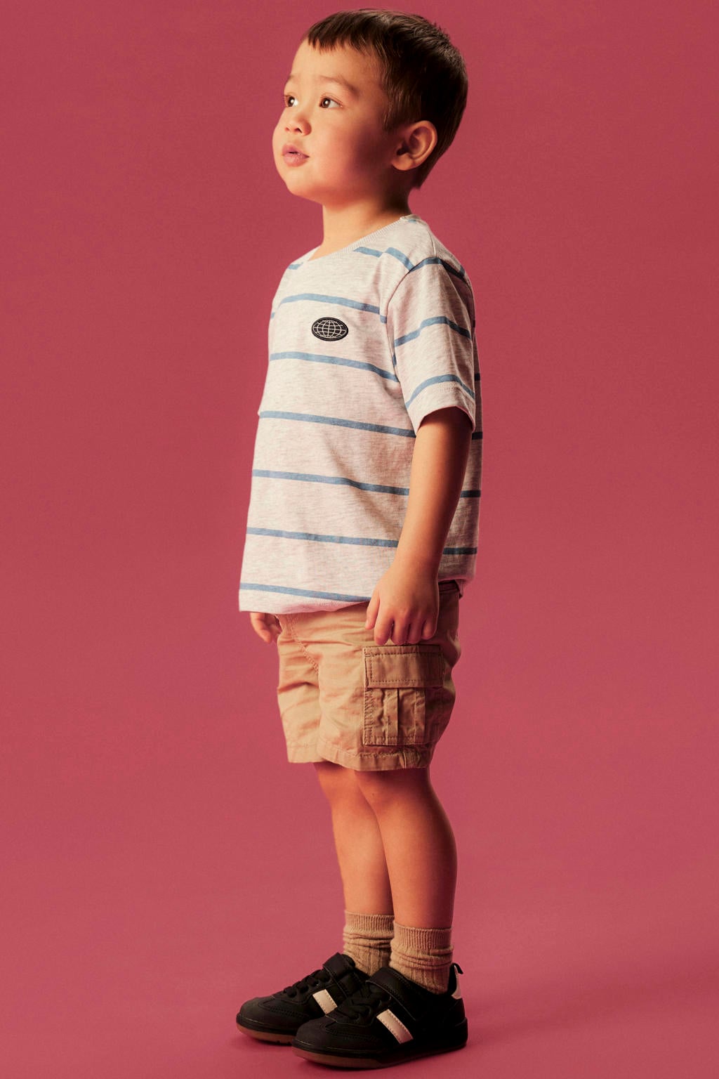 Beige jongens NAME IT MINI straight cargo short van katoen met rits- en drukknoopsluiting en effen