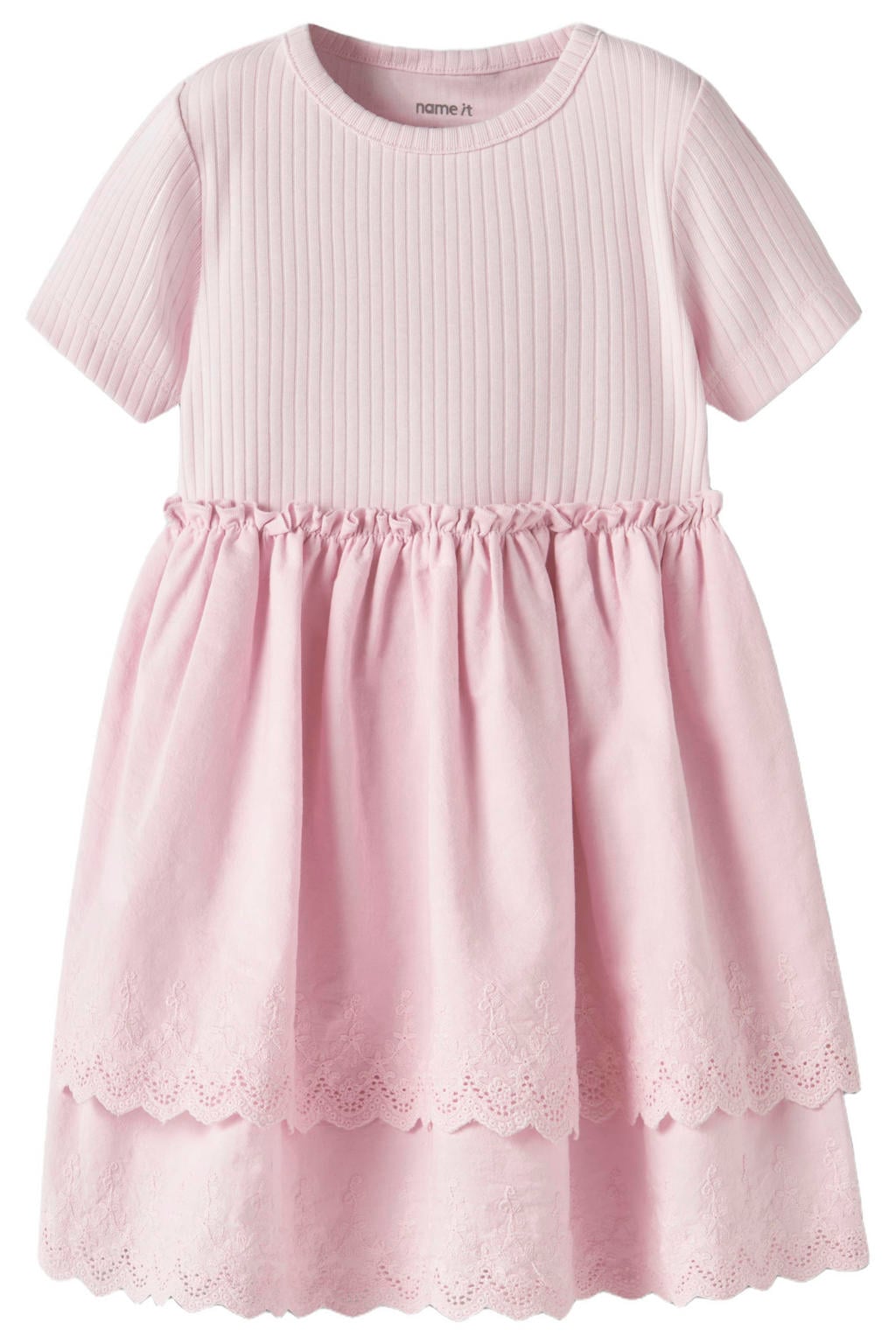 Roze meisjes NAME IT MINI midi jurk broderie van stretchkatoen met effen, korte mouwen en ronde hals
