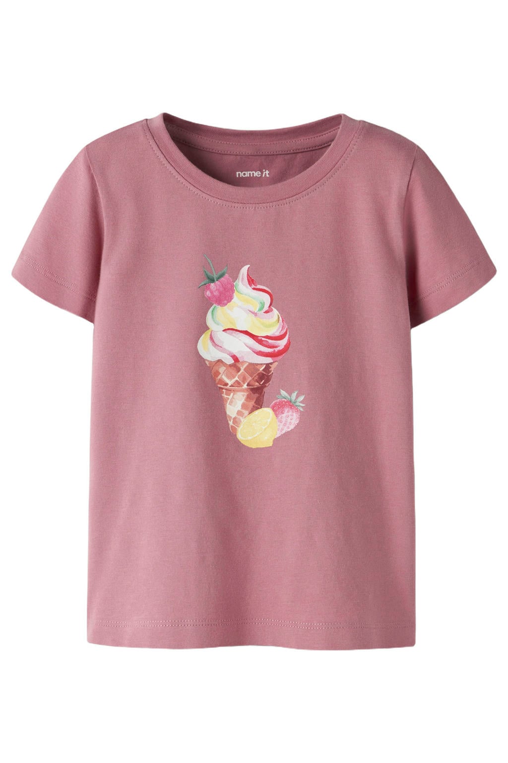Roze meisjes NAME IT MINI T-shirt van stretchkatoen met printopdruk, korte mouwen en ronde hals