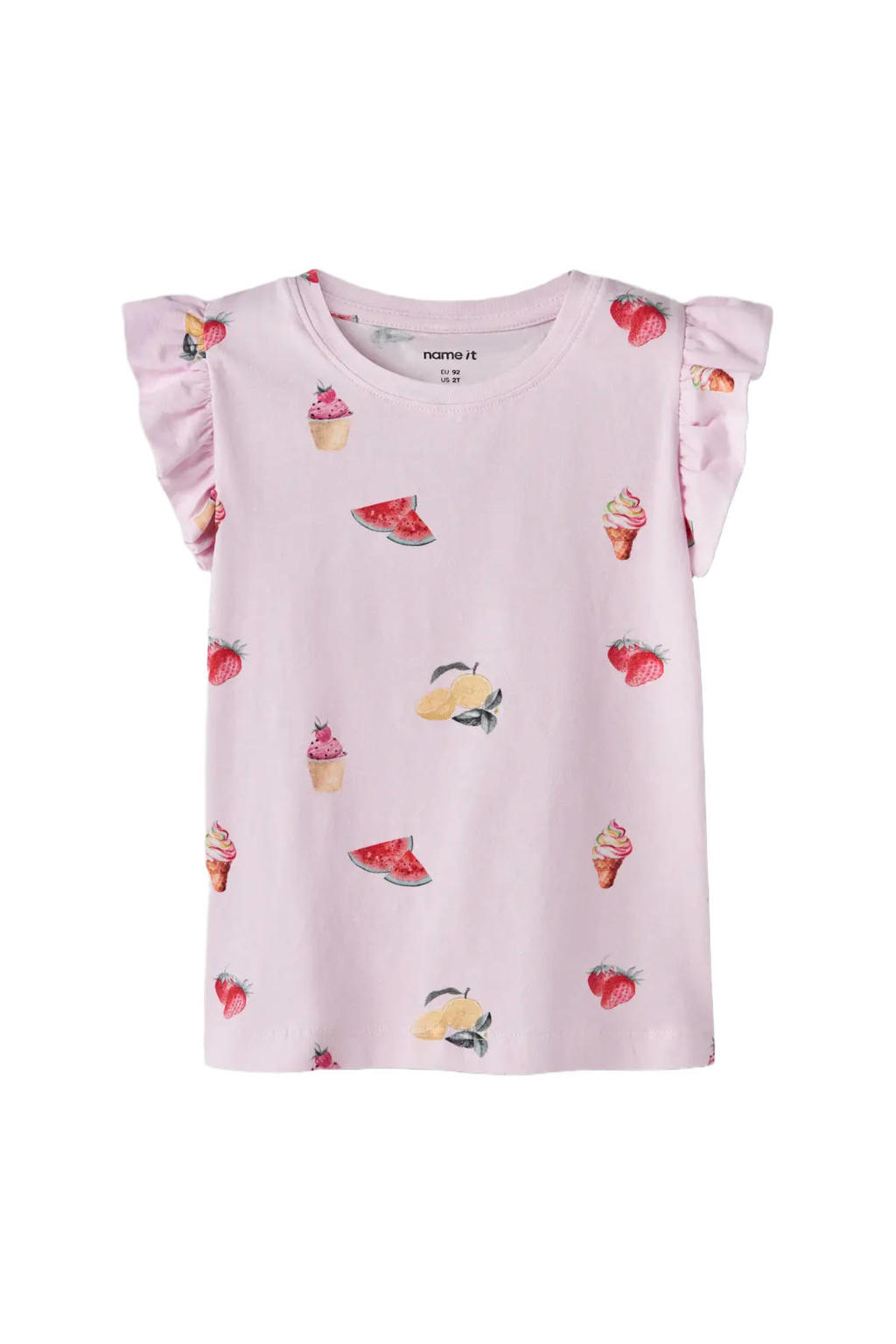 Roze meisjes NAME IT MINI T-shirt van stretchkatoen met korte mouwen, ronde hals en ruches