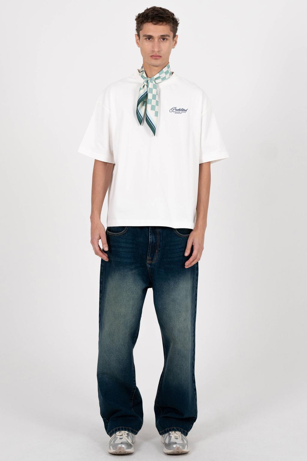 Witte heren Prohibited oversized T-shirt van katoen met backprint, korte mouwen, ronde hals en borduursels