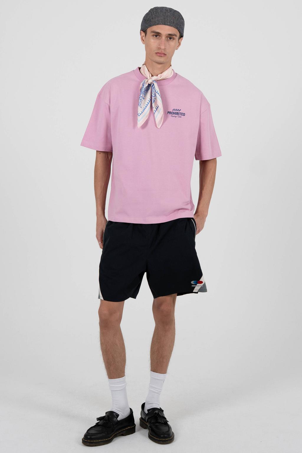 Roze heren Prohibited oversized T-shirt van katoen met backprint, korte mouwen, ronde hals en borduursels