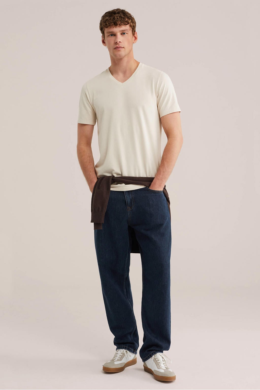 Beige heren WE Fashion slim T-shirt van katoen met effen, korte mouwen en V-hals