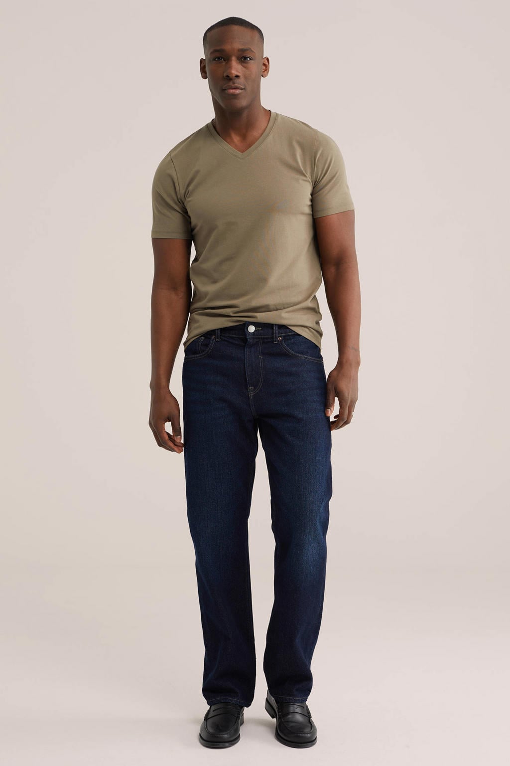 Groene heren WE Fashion slim T-shirt van katoen met effen, korte mouwen en V-hals