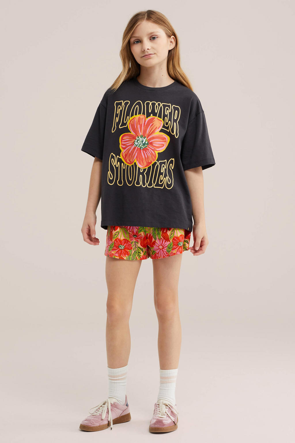 Zwarte meisjes WE Fashion T-shirt van katoen met tekst print, korte mouwen en ronde hals