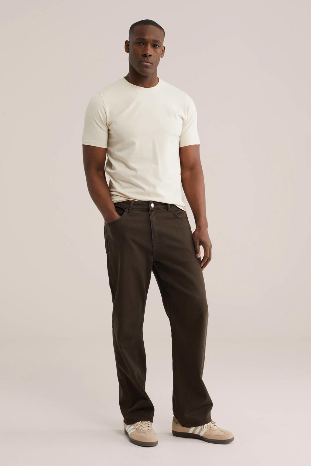 Beige heren WE Fashion slim T-shirt van katoen met effen, korte mouwen en ronde hals