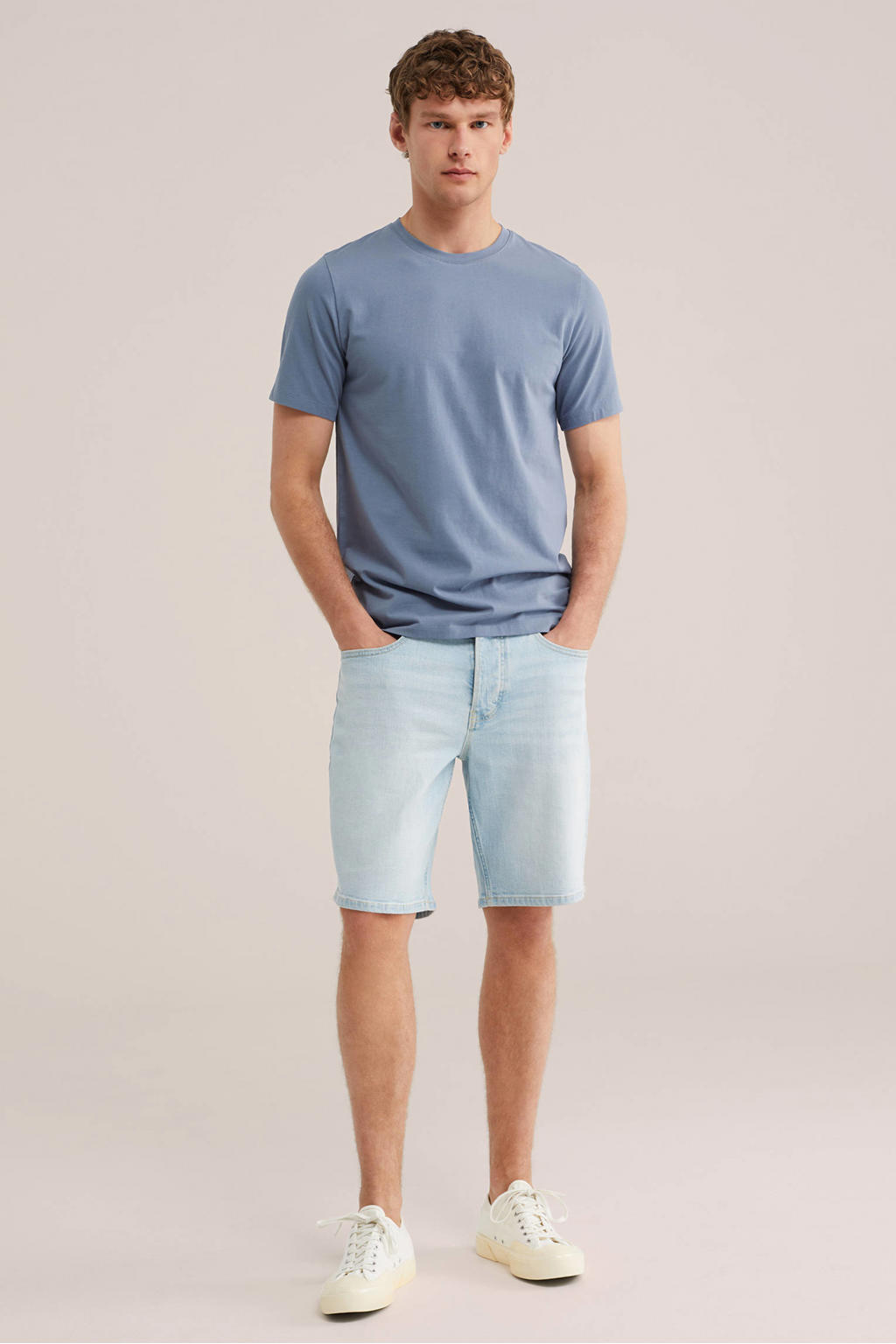 Blauwe heren WE Fashion slim T-shirt van katoen met effen, korte mouwen en ronde hals