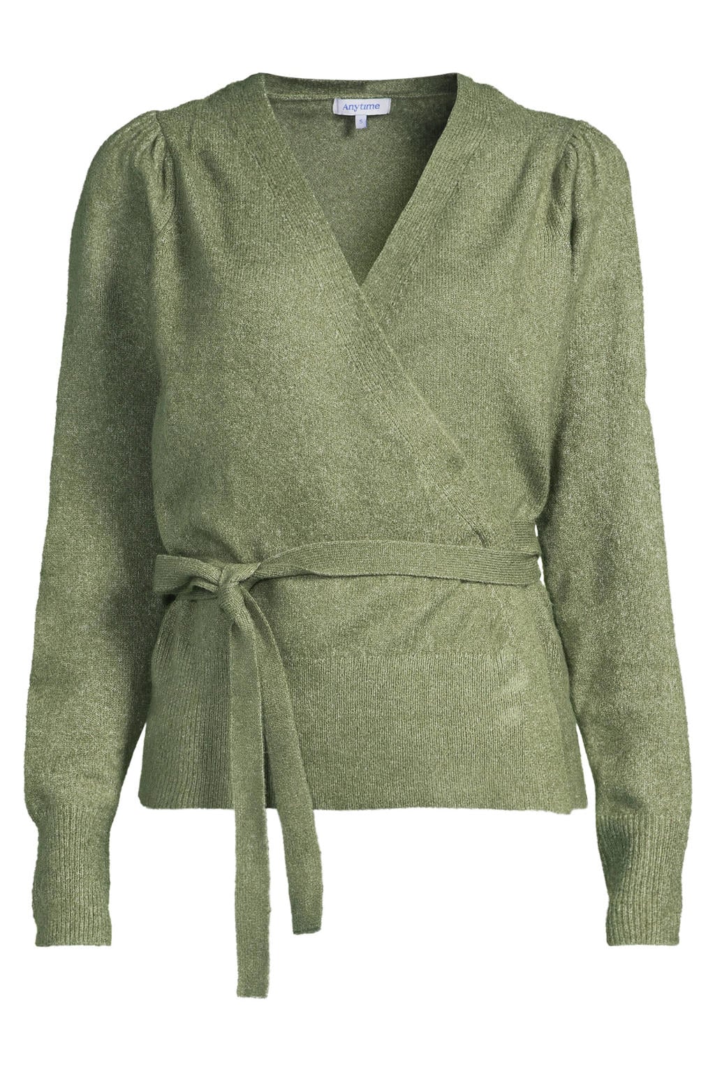 Olijfgroene dames Anytime gebreid overslagvest van acryl met effen, lange mouwen, striksluiting en ceintuur