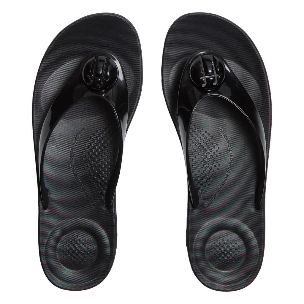 Zwarte dames FitFlop TM Iqushion Glossy Button teenslippers met sleehak van rubber