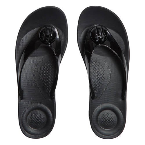 FitFlop TM Iqushion Glossy Button teenslippers met sleehak zwart