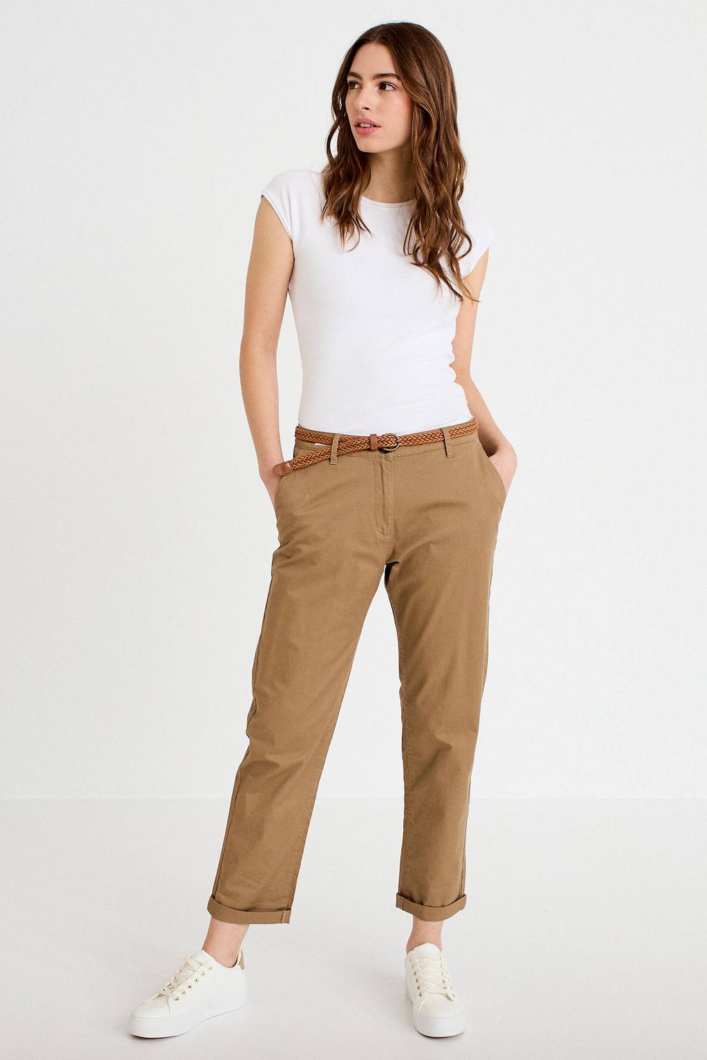 Camelkleurige dames Cache Cache regular waist cropped broek van katoen met rits- en knoopsluiting en effen