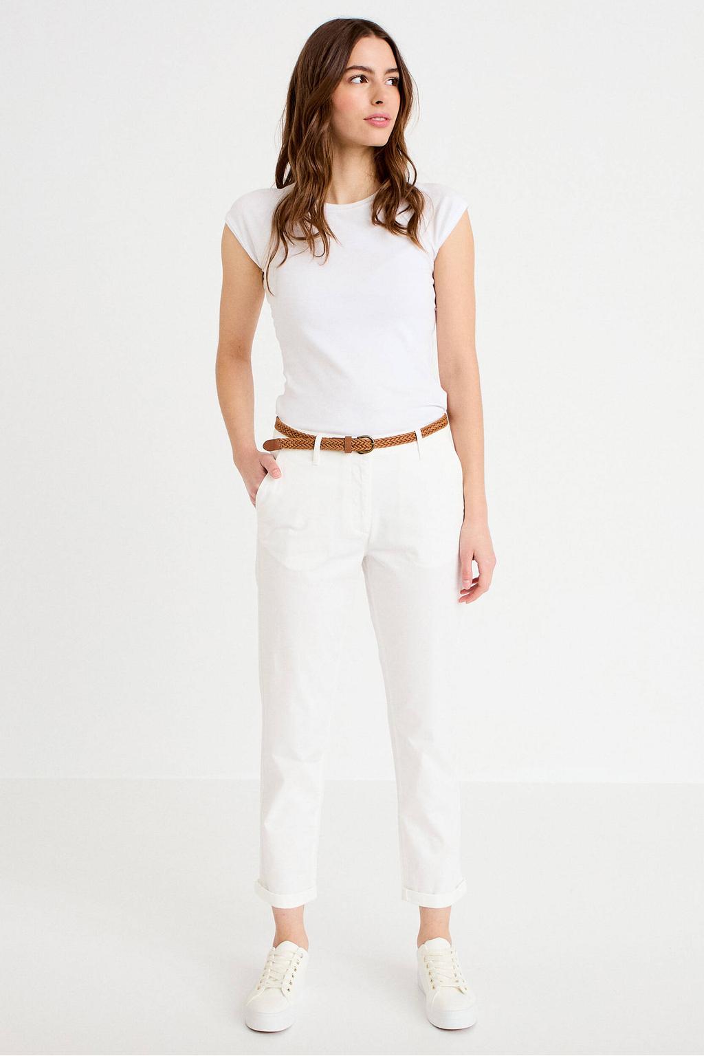 Ecru dames Cache Cache regular waist cropped broek van katoen met rits- en knoopsluiting en effen