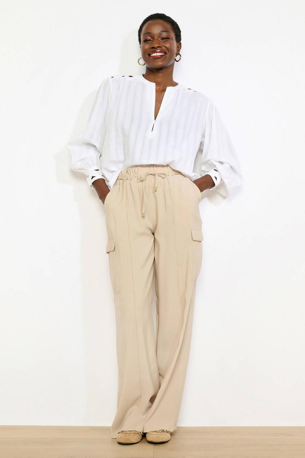 Beige dames LOLALIZA wide leg high waist cargobroek met elastische tailleband met koord en effen