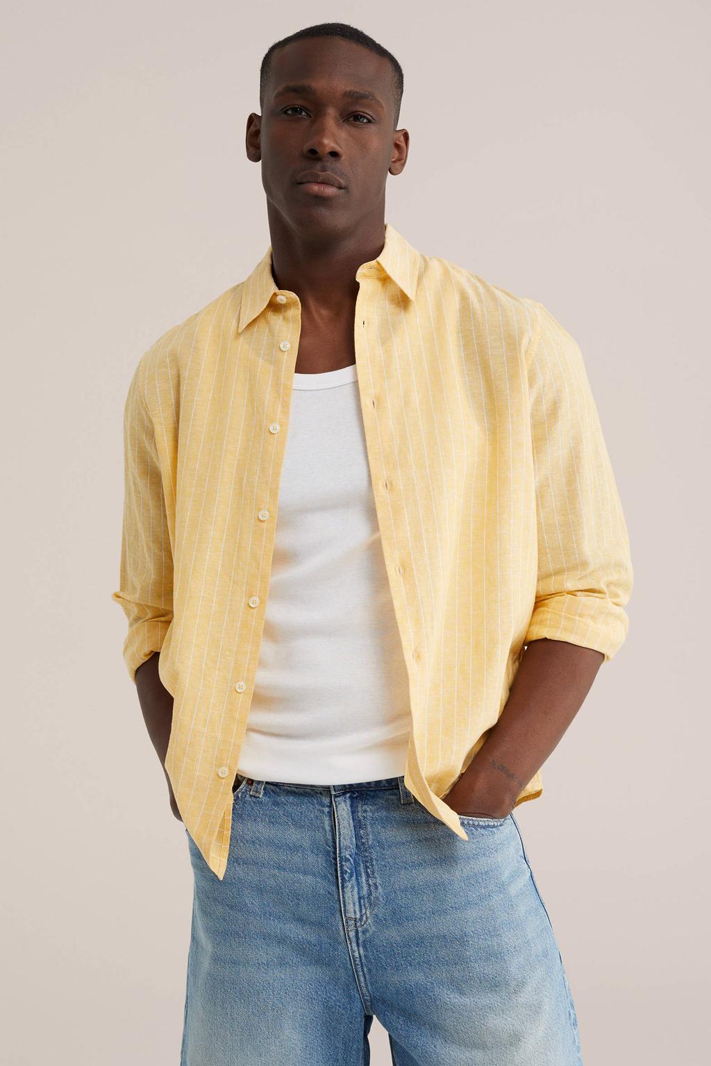 WE Fashion regular gestreepte casual overhemd met linnen geel