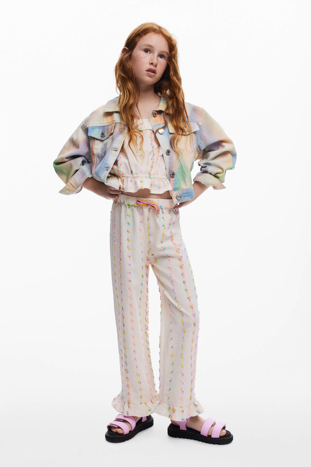 Oranje, groen en blauwe meisjes Desigual spijkerjas van denim met meerkleurige print, lange mouwen, klassieke kraag en knoopsluiting