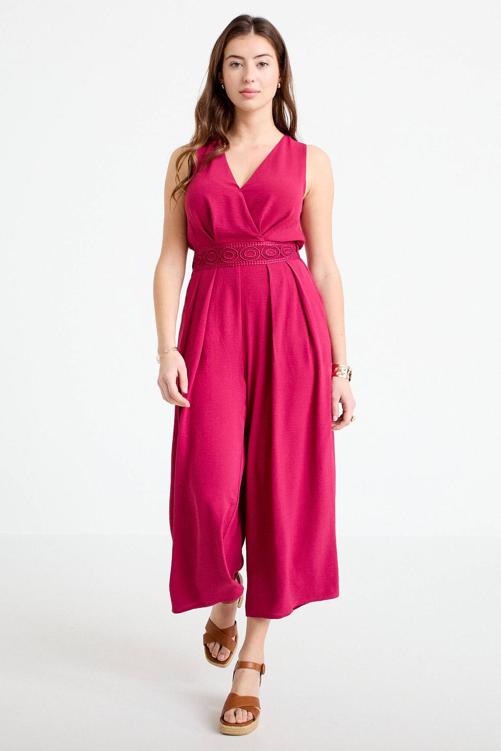 Fuchsia dames Cache Cache jumpsuit van polyester met effen, V-hals en knoopsluiting