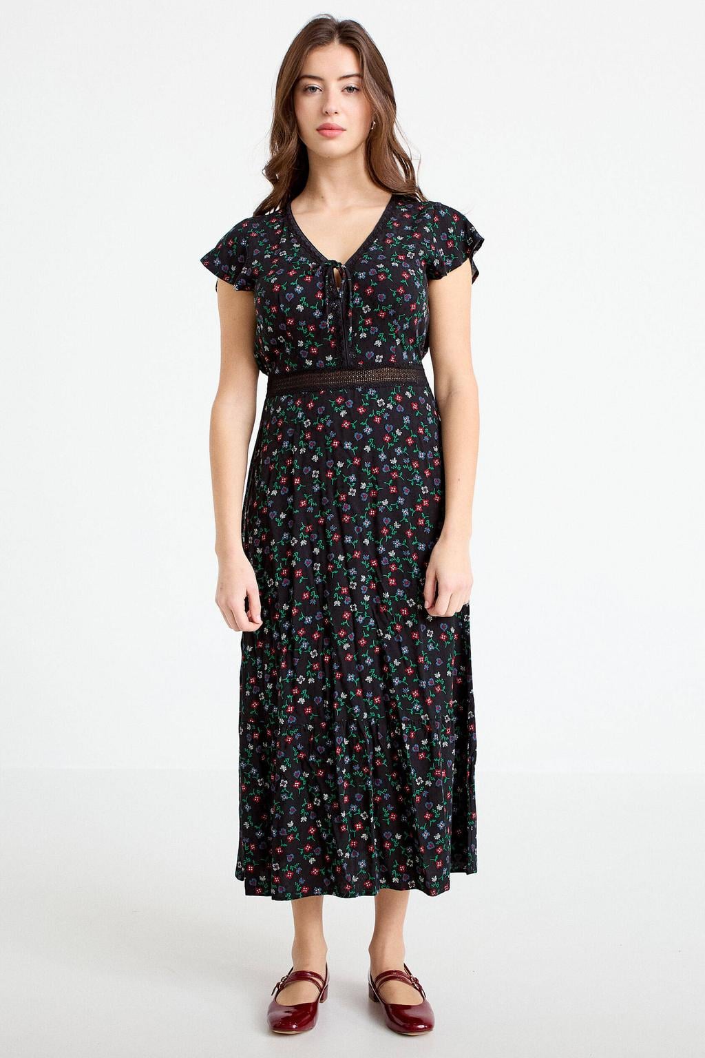 Zwart en rode dames Cache Cache gebloemde midi jurk van viscose met korte mouwen, V-hals en striksluiting