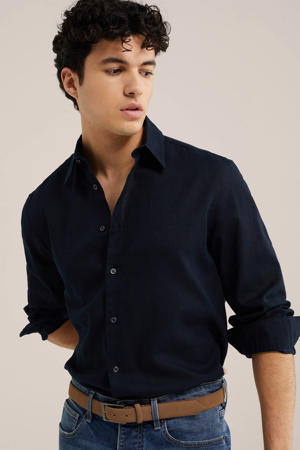 regular casual overhemd met linnen donkerblauw