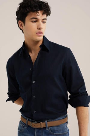 regular casual overhemd met linnen donkerblauw