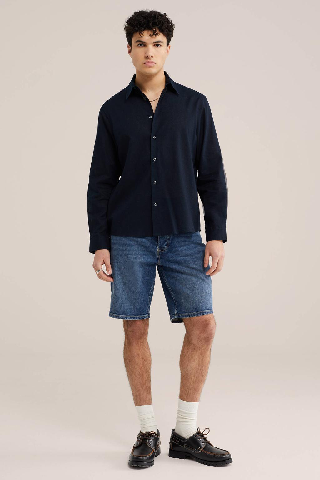 WE Fashion regular casual overhemd met linnen donkerblauw