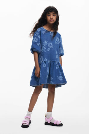 denim gebloemde A-lijn jurk medium blue denim