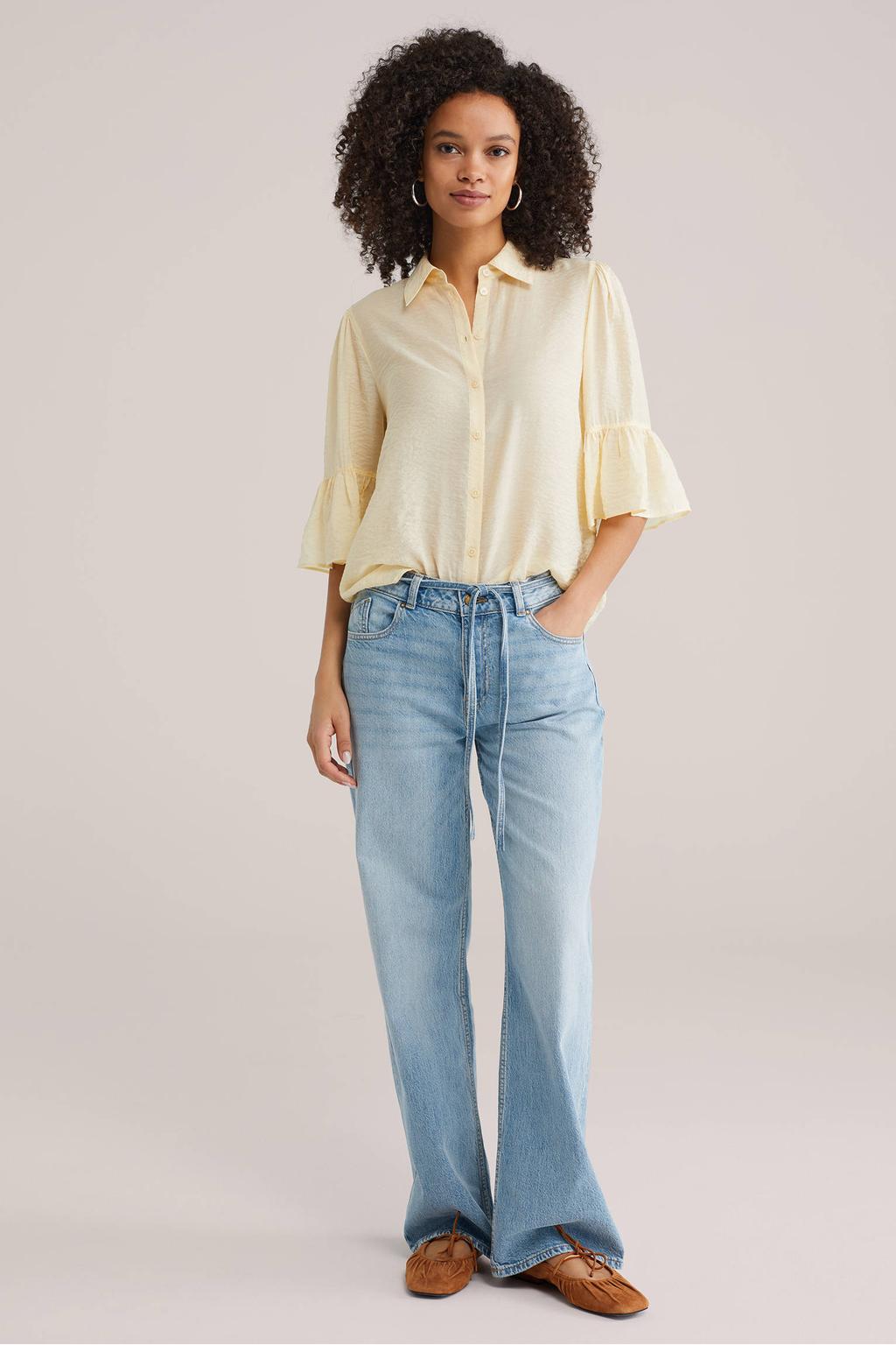 Lichtgele dames WE Fashion blouse van viscose met effen, driekwart mouwen, klassieke kraag en knoopsluiting