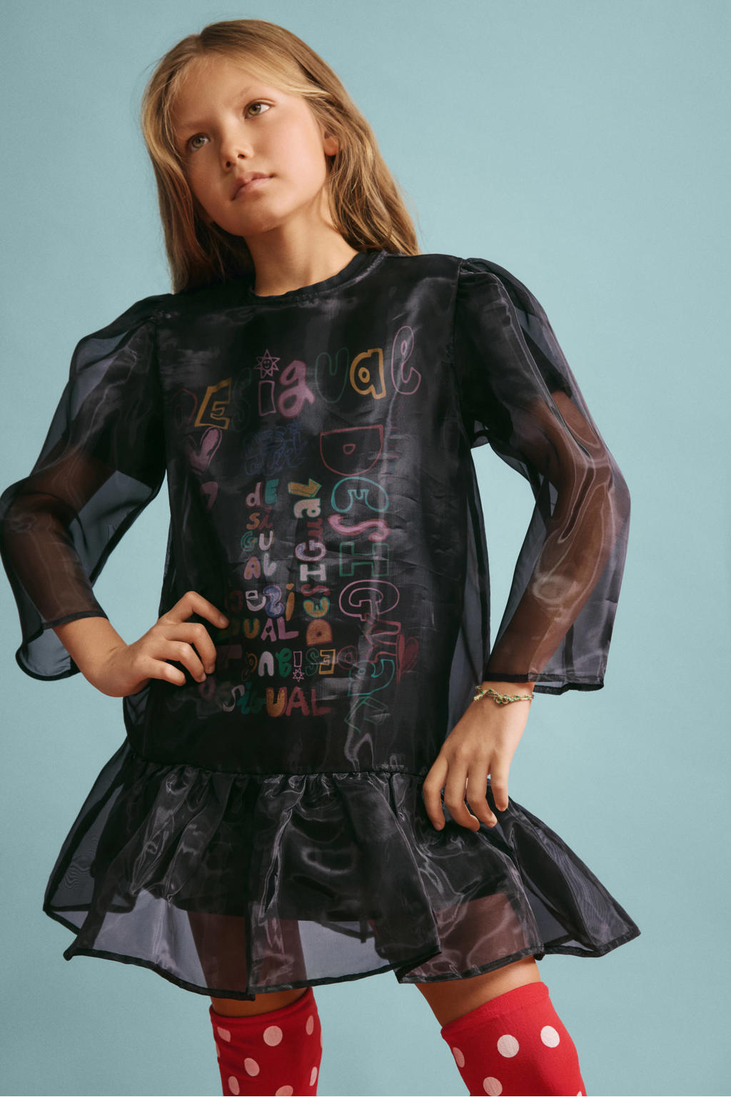 Zwarte meisjes Desigual A-lijn jurk van polyester met effen, driekwart mouwen, ronde hals, knoopsluiting en plooien