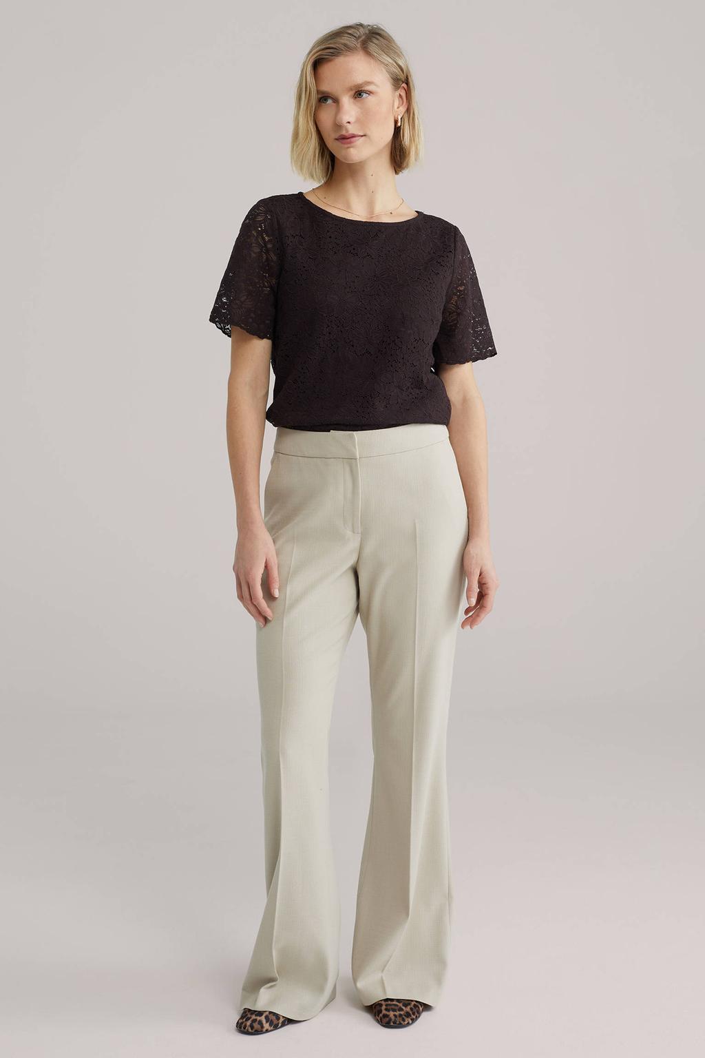 Donkerblauwe dames WE Fashion kanten top met effen, driekwart mouwen en ronde hals