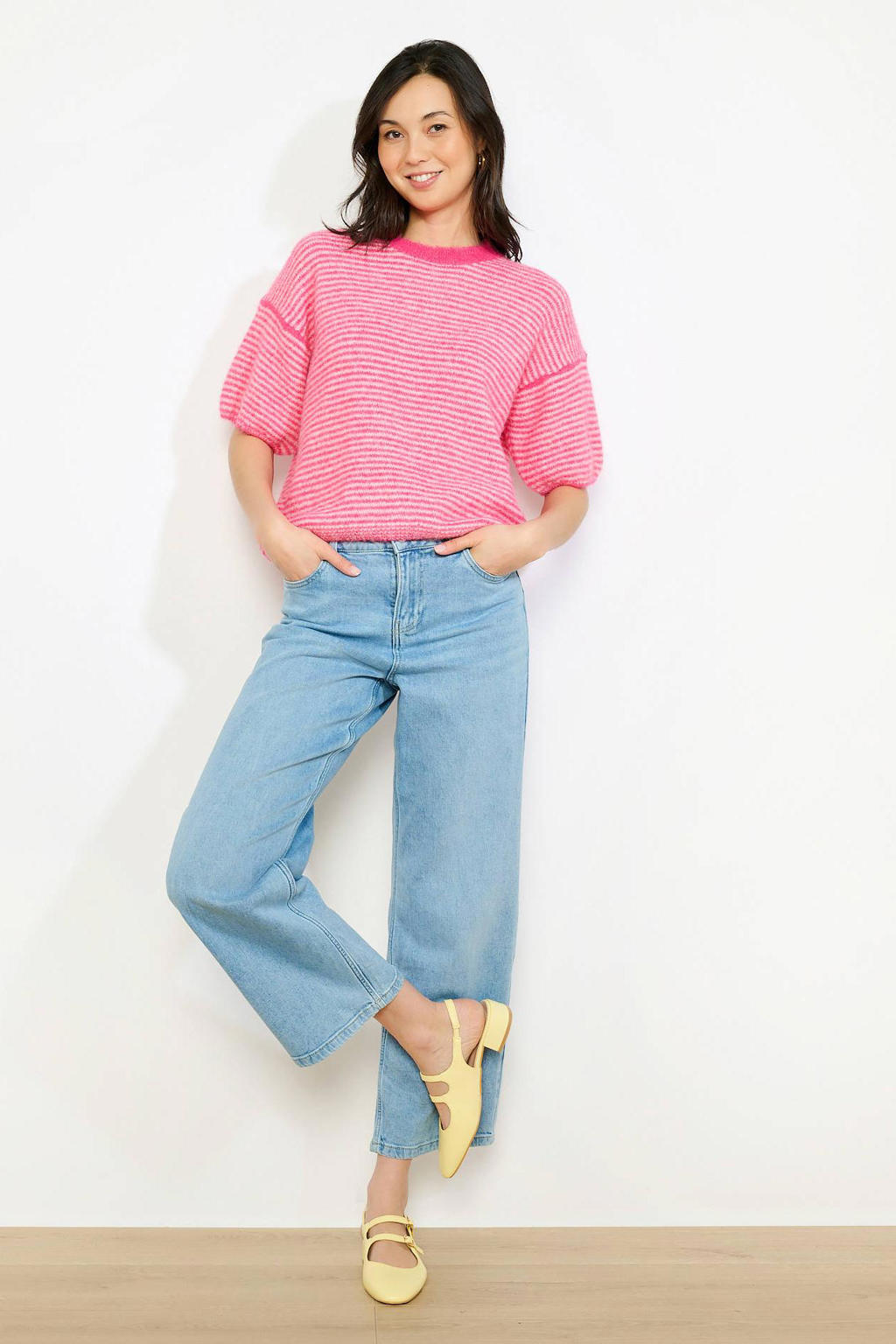Roze dames LOLALIZA gestreepte pullover gebreid van polyester met korte mouwen, ronde hals en contrast bies