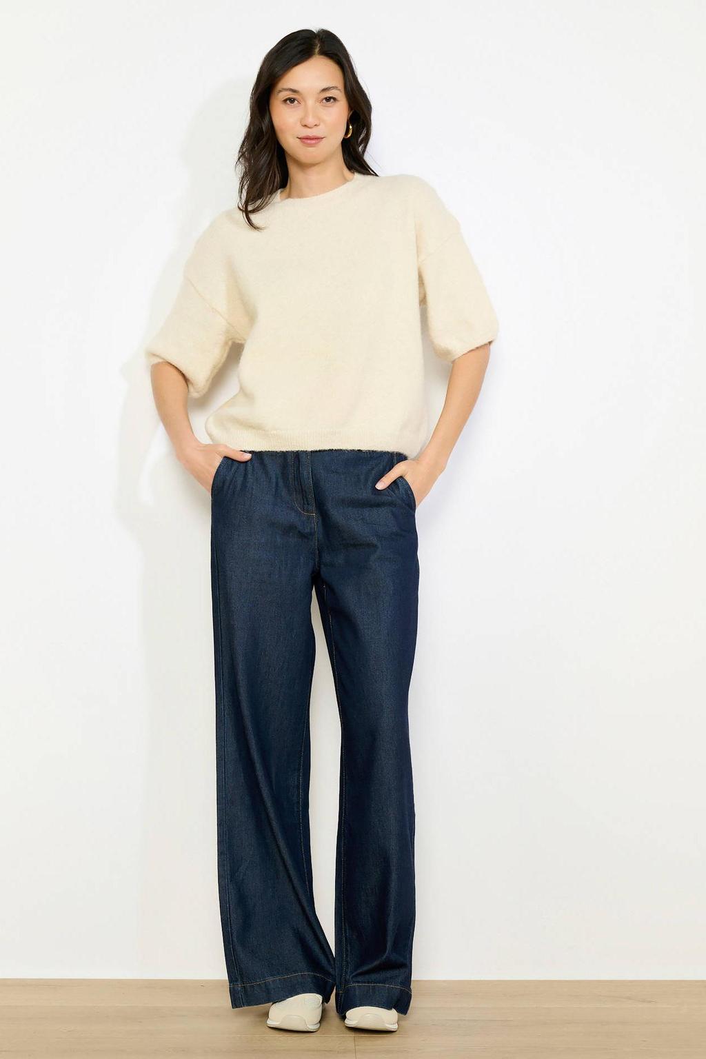 Ecru dames LOLALIZA pullover van polyester met effen, korte mouwen, ronde hals en geribde boorden