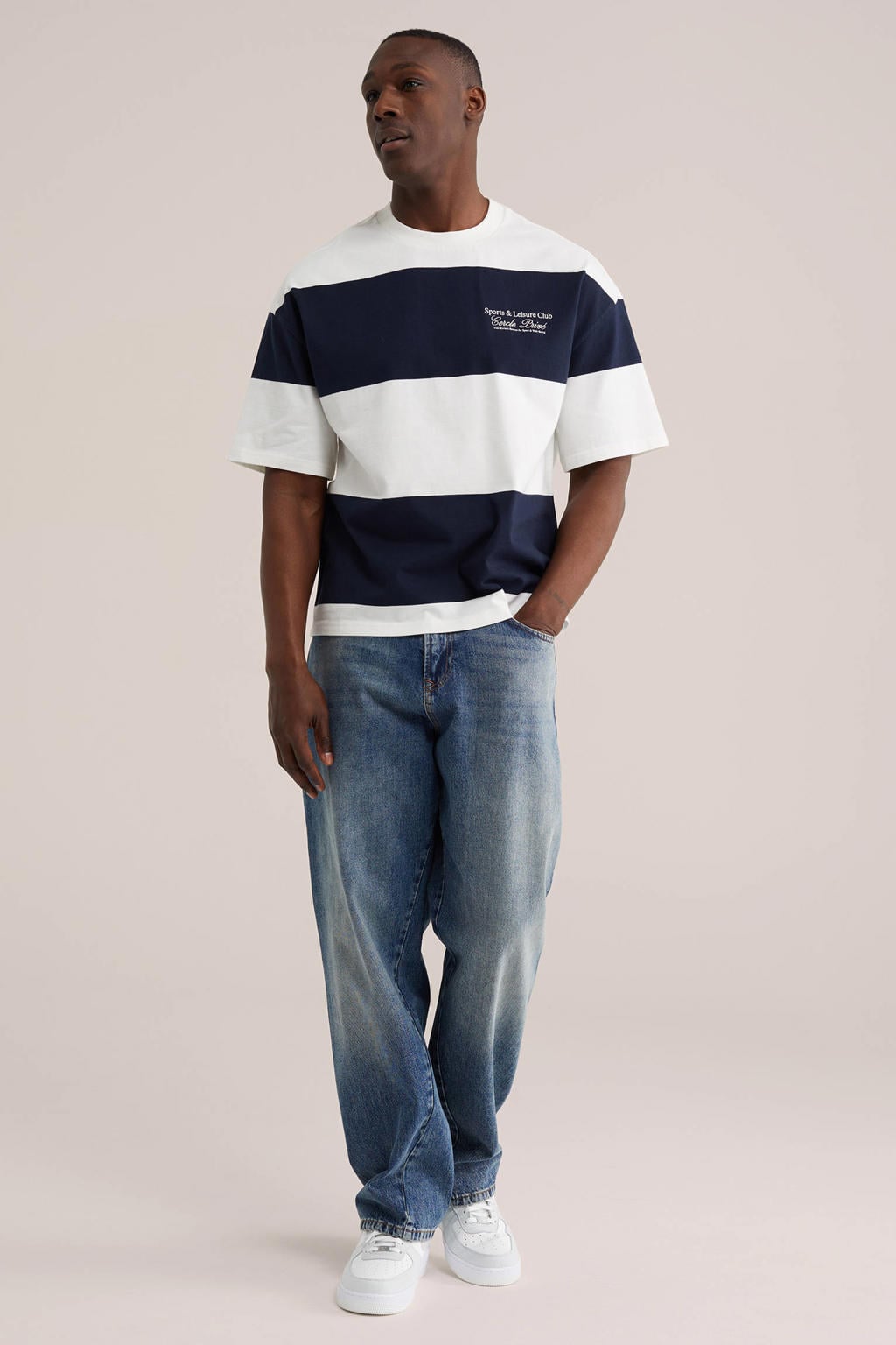 Donkerblauwe heren WE Fashion boxy gestreepte gestreept T-shirt van katoen met korte mouwen en ronde hals