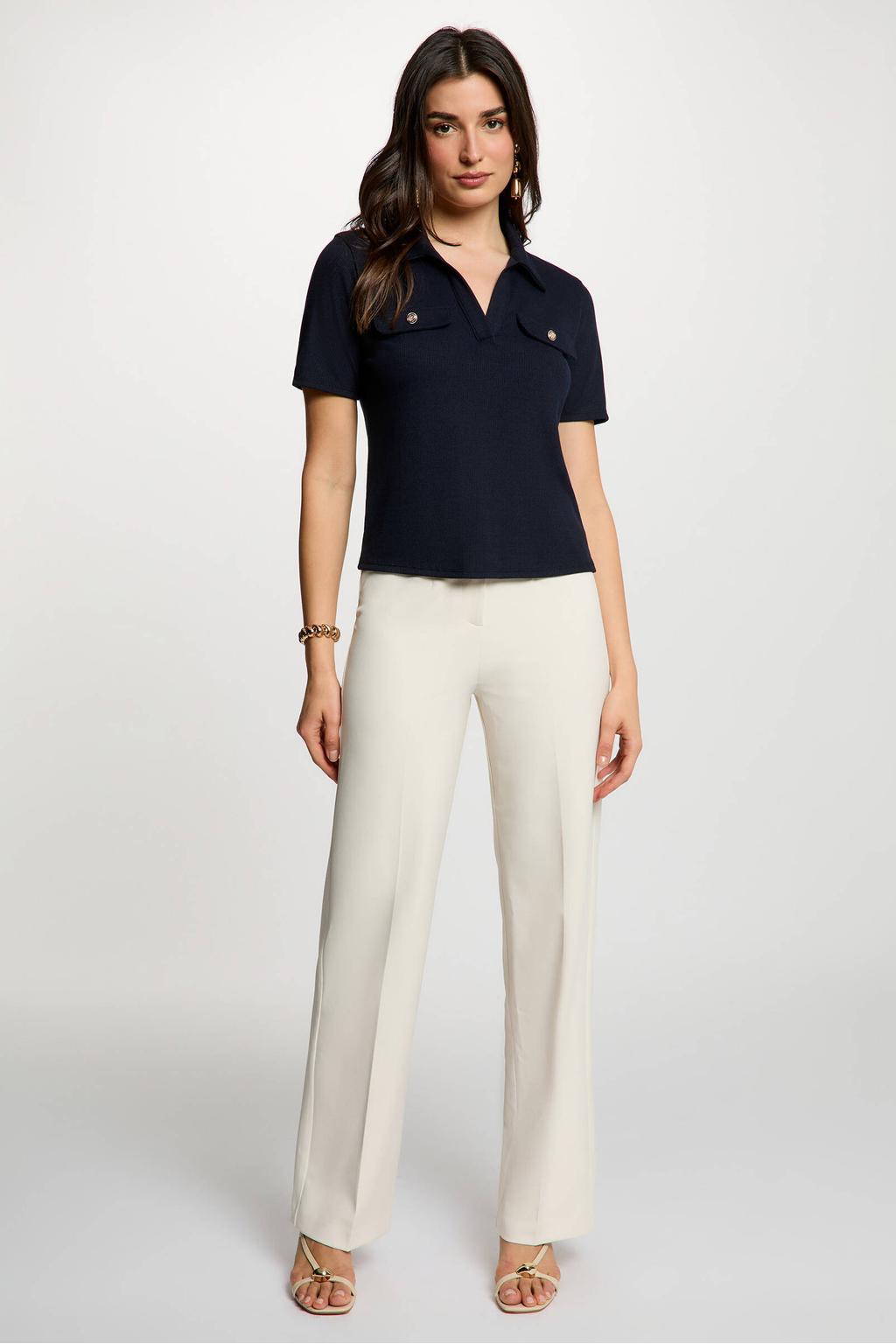 Zandkleurige dames Morgan straight high waist pantalon van polyester met rits- en haaksluiting en effen