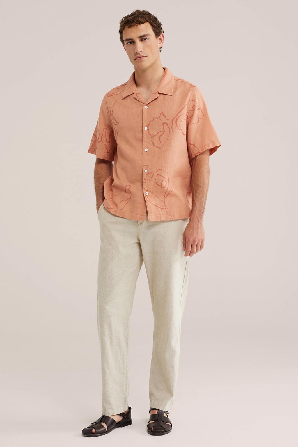 Roze heren WE Fashion relaxed casual overhemd van katoen met korte mouwen, klassieke kraag en knoopsluiting