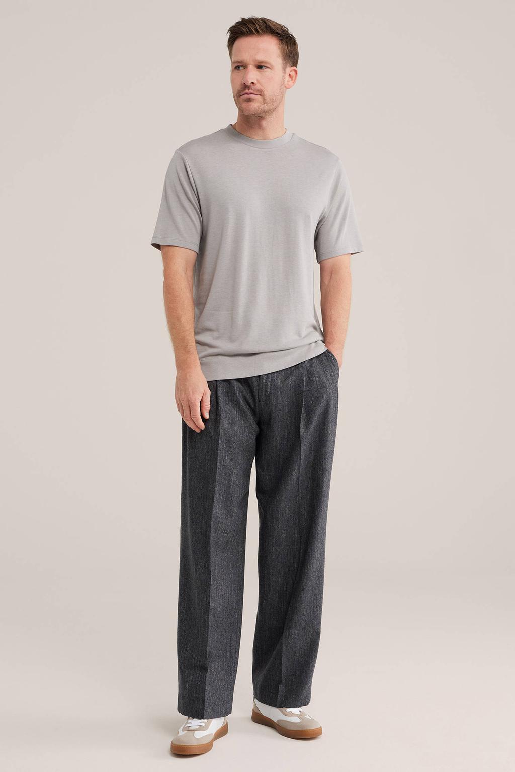 Taupe heren WE Fashion regular fit T-shirt van lyocell met effen, korte mouwen en ronde hals