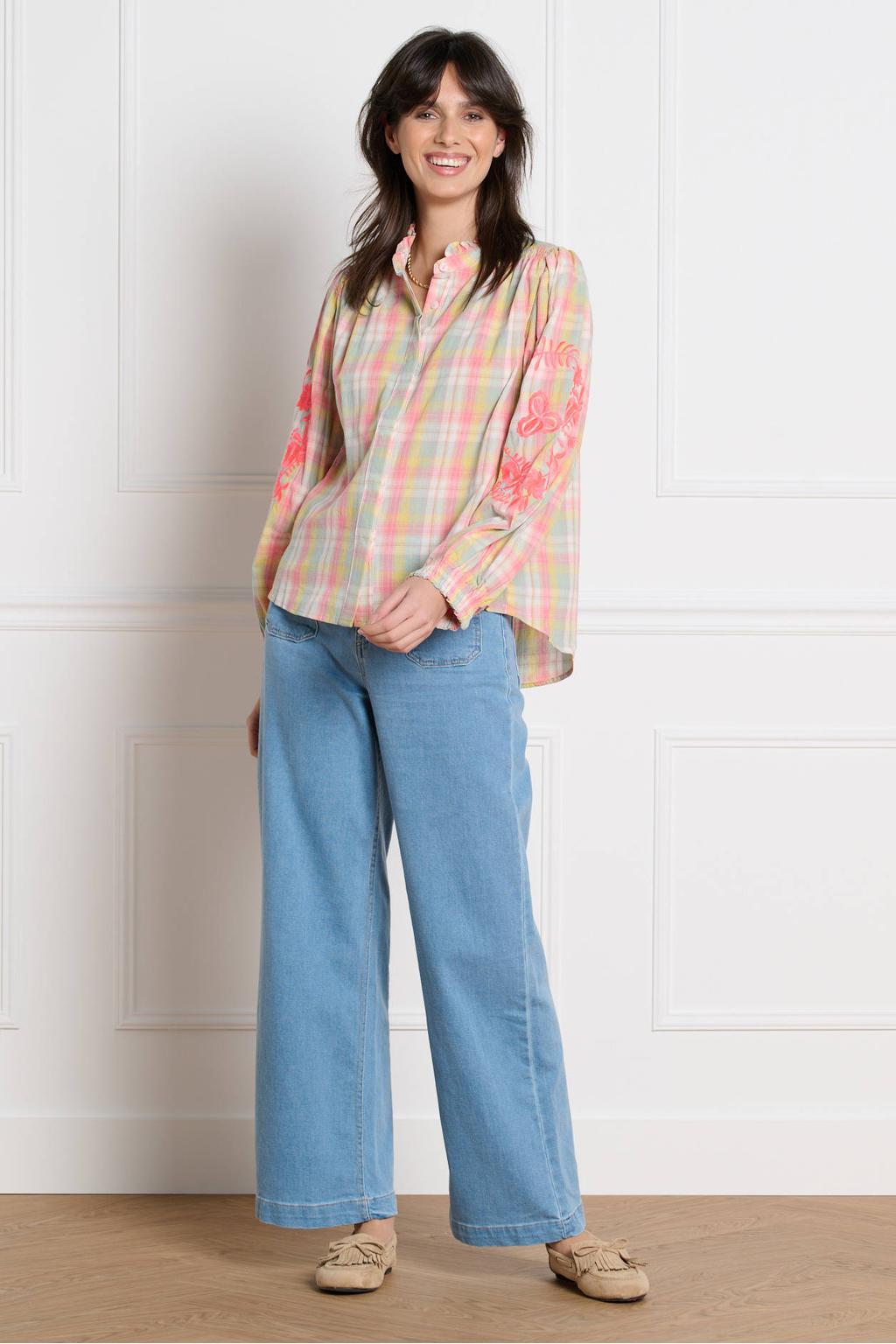 Multikleurige dames LOLALIZA geruit blouse van katoen met lange mouwen, opstaande kraag, knoopsluiting en borduursels