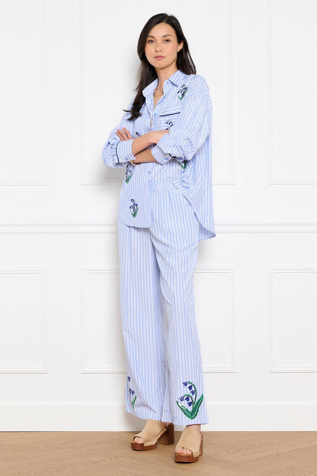 Blauw en witte dames LOLALIZA gestreepte blouse van polyester met lange mouwen, klassieke kraag, knoopsluiting en borduursels
