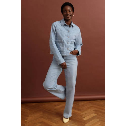 LOLALIZA high waist gestreepte straight leg jeans light blue denim afbeelding