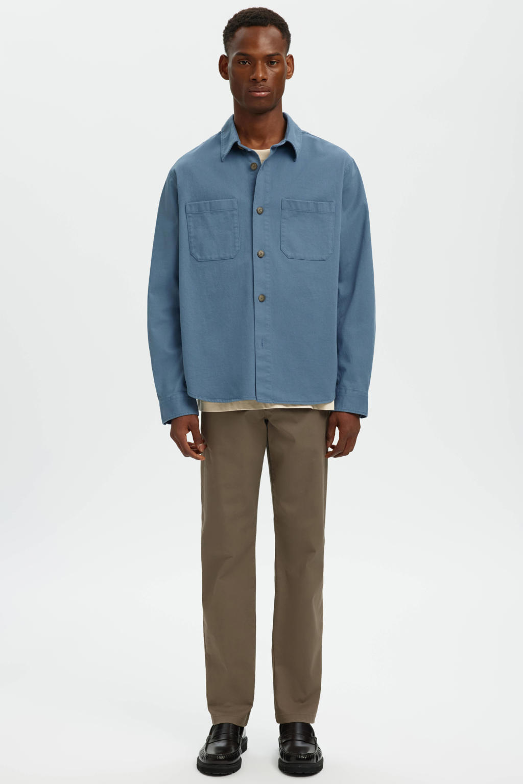 Blauwe heren Selected overshirt van katoen met effen, lange mouwen, klassieke kraag en knoopsluiting