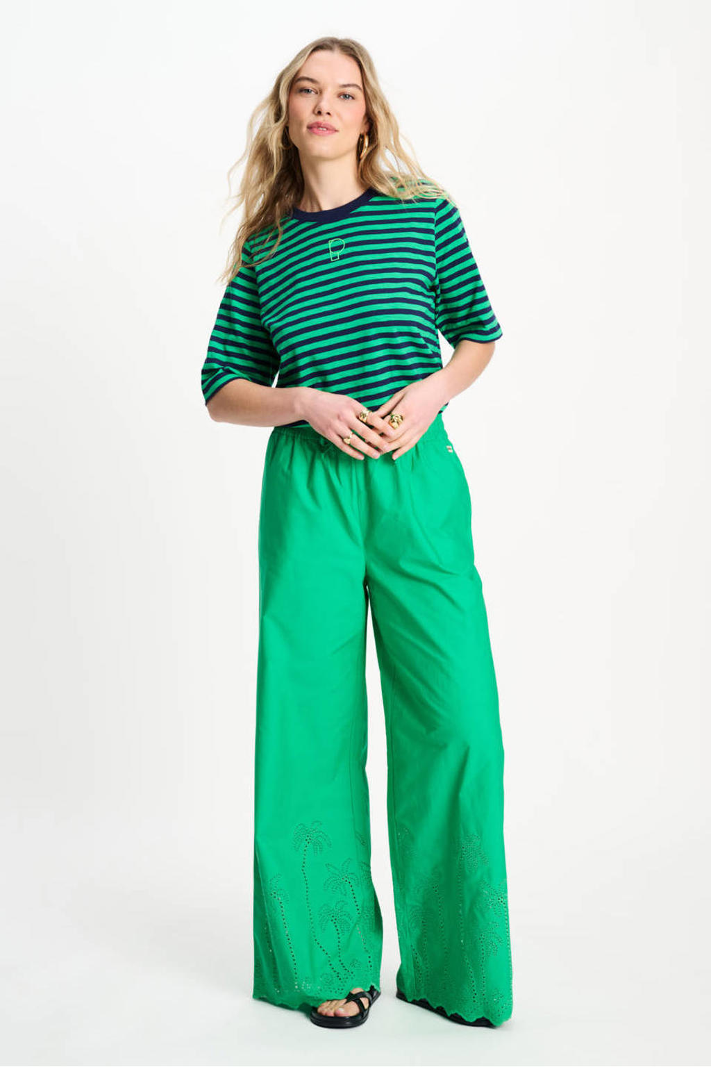 Groen en donkerblauwe dames POM Amsterdam gestreept T-shirt van katoen met korte mouwen en ronde hals