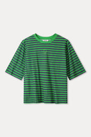 thumbnail: Groen en donkerblauwe dames POM Amsterdam gestreepte gestreept T-shirt van katoen met korte mouwen en ronde hals