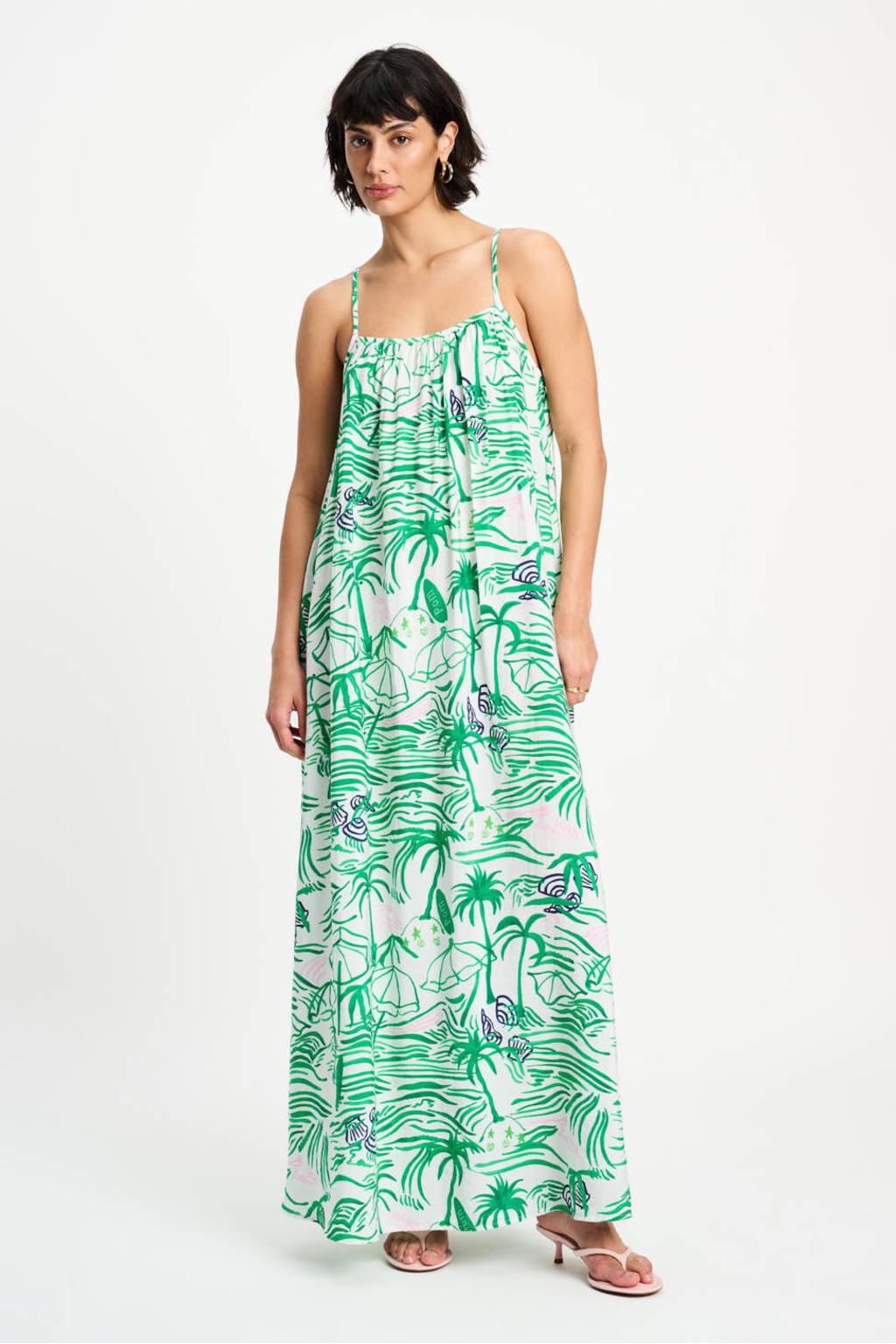 Groen en ecru dames POM Amsterdam maxi jurk van viscose met bladprint en vierkante hals